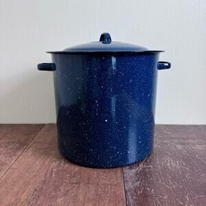 Vintage Retro 1970s‎ Enamelware Blue Speckled Graniteware Pot with lid